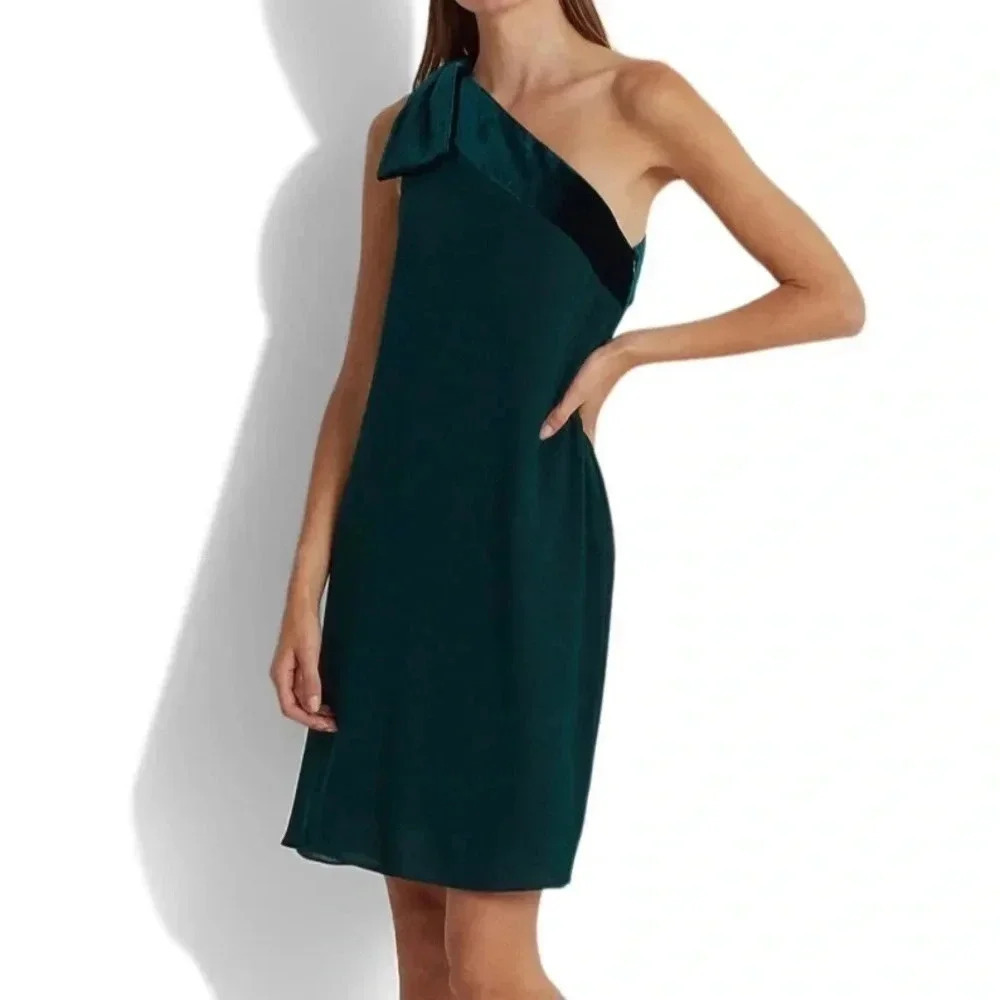 Lauren Ralph Lauren Chiffon One Shoulder Bow Forest Green Dress Sz 14 NWT
